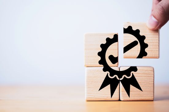 Nahaufnahme einer Hand, die Holzwürfel zusammensetzt, sodass eine Grafik eines Gütesiegels entsteht.