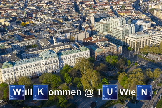 Luftbild des TU Wien Hauptgebäudes am Karlsplatz, dazu der Text "Willkommen @ TU Wien" Die Buchstaben W, K, U und N entsprechen Elementabkürzungen aus dem Periodensystem.