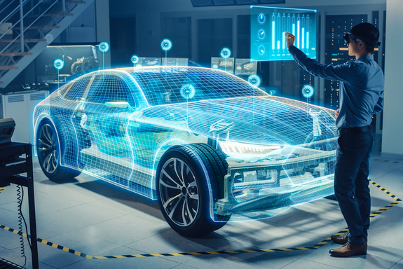 Hologramm eines PKWs, davor Person mit VR-Brille, die Änderungen vornimmt