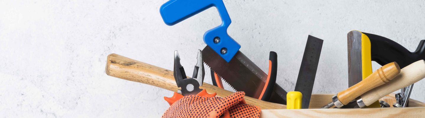 Wooden case with several tools