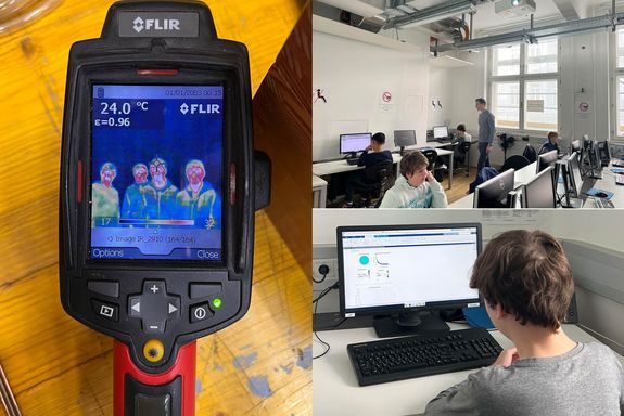Bild auf der Wärmebildkamera aus dem ThermoLab (links), daneben der Workshop Leichtbau