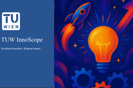 Zweigeteiltes Bild mit hauptsächlich Blautönen. Links: TUW-Logo mit Projetnamen, rechts Orange Glühbirne mit Rakte oberhalb und Aufwärtspfeil