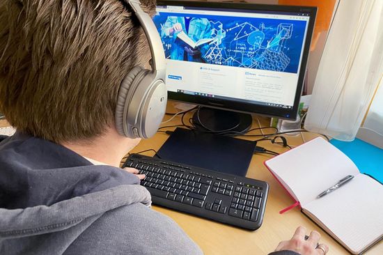 Person sitzt vor Bildschirm und bedient Maus