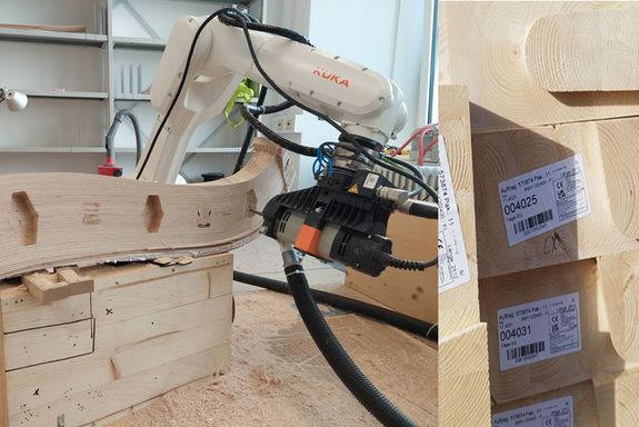 Two images in one: left – curved wooden component made from modern wood composite being processed by an industrial robot. Right – processed wooden components made from wood composite stacked.