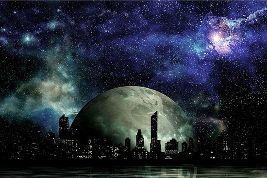 Science fiction scene with city silhouette, sky, stars