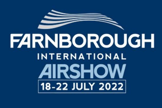 Farnborough Airshow logo, white on a dark blue background