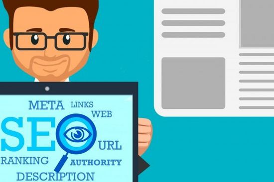 Man with notebook - picture on notbook show SEO