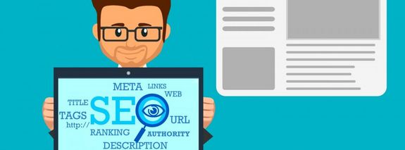 Man with notebook - picture on notbook show SEO