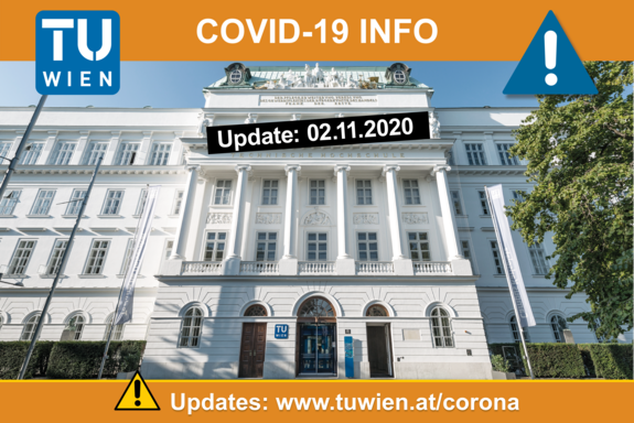 [Translate to English:] Covid-19-Update, Hauptgebäude der TU Wien mit Warnhinweisen