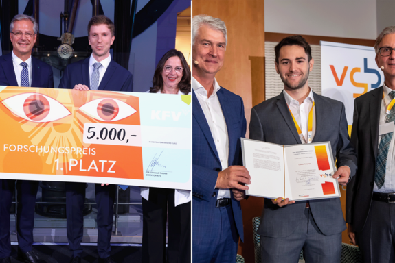 Collage von zwei Preisverleihungen: Bild links mit Preisträger in der Mitte und überdimensionalem Scheck über 5.000 Euro, rechts die Moderatorin; beim Ausschnitt rechts präsentiert der Preisträger eine Urkunde, links und rechts zwei Herren.