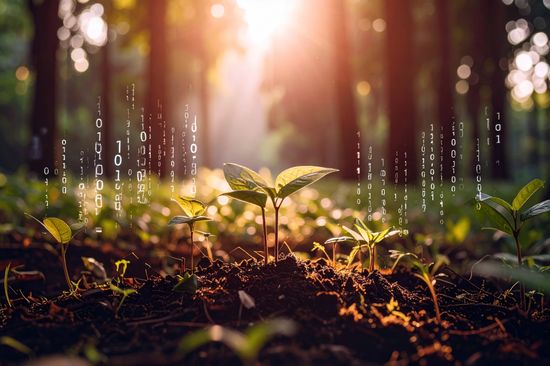 Digitales Wachstum im Wald, binäre Daten treffen auf natürliches Pflanzenleben 