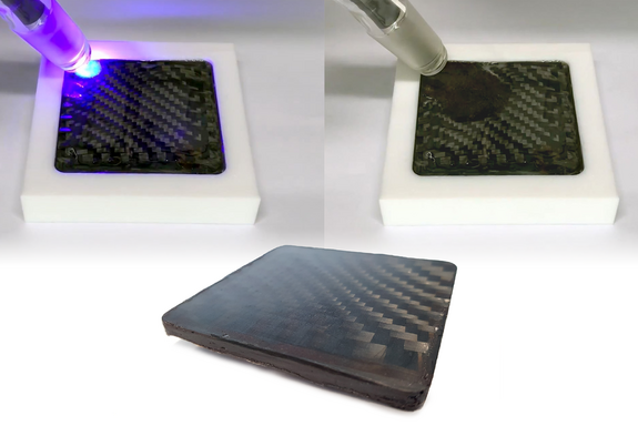 Curing of a carbon fiber composite by a short UV pulse