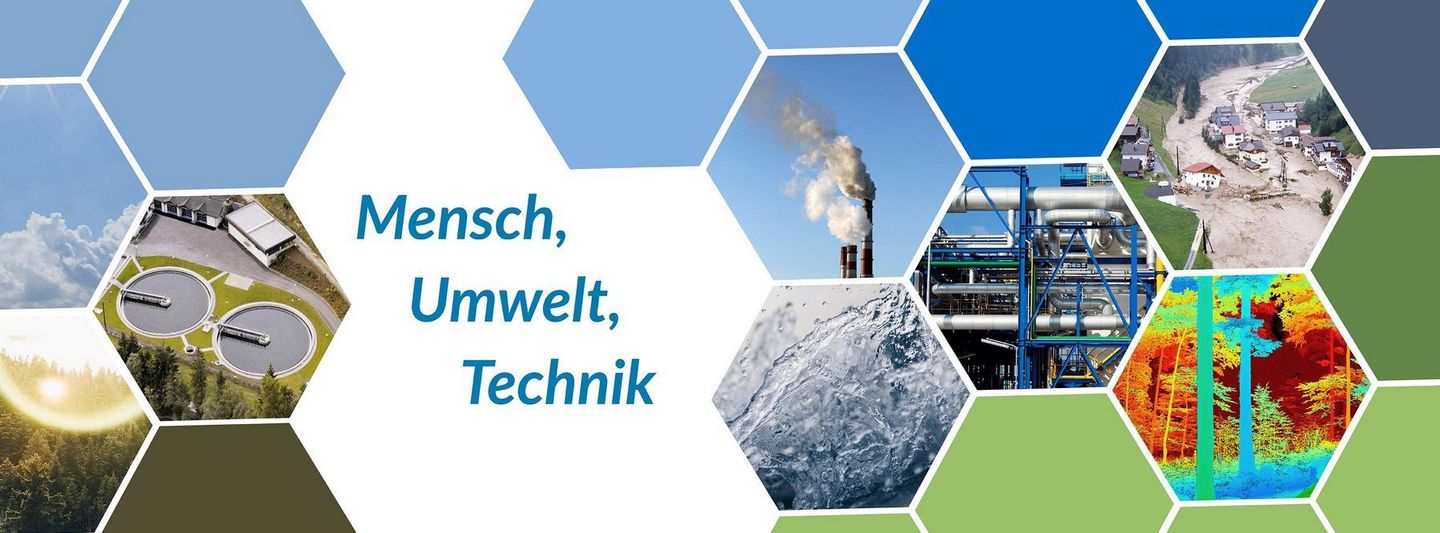 Verschiedene Bilder zu den Inhalten des Studiums sind im Bienenwabenmuster zusammengesetzt. In der Mitte steht das Motto "Mensch, Umwelt, Technik".