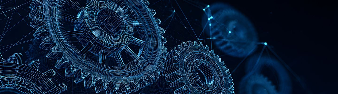 Abstract gear wheels in dark background. Cogs and gear wheel mechanisms concept. Mechanical technology machine engineering wireframe. low polygonal blue mesh with dots, lines, and shapes. vector 3d