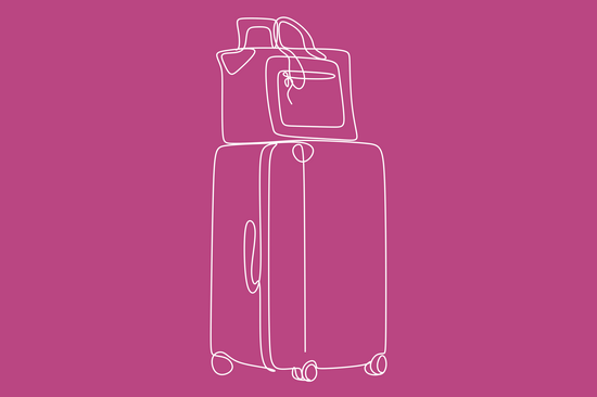 White One-Line-Drawing of suitcase in front of pink background.