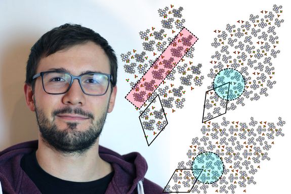 Benedikt Hartl, dahinter drei unterschiedliche Anordnungen kleiner Teilchen