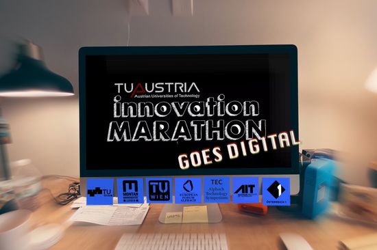 PC screen showing "Innovation Marathon goes digital" on the lower edge with 7 post-its with the logos of the 3 TU Austria universities, the Innovation Marathon as well as TEC, AIT and Ö1. All around a blurred workplace.