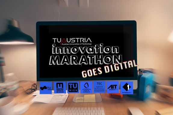 PC screen showing "Innovation Marathon goes digital" on the lower edge with 7 post-its with the logos of the 3 TU Austria universities, the Innovation Marathon as well as TEC, AIT and Ö1. All around a blurred workplace.