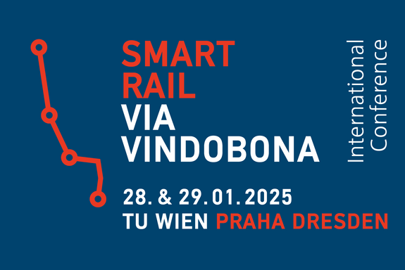 Blauer Hintergrund mit roter und weißer Schrift mit den Konferenzdaten