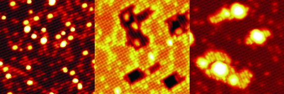 Links: Winzige Platin-Nanopartikel auf einer Eisenoxid-Oberfläche. Mitte: H2-Gas führt zu Löchern in der Oberfläche. Rechts: O2-Gas lässt zusätzliche Eisenoxid-Inseln wachsen.