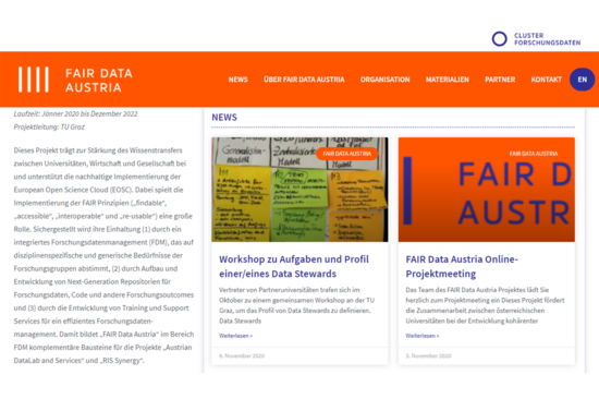 [Translate to English:] Screenshot der FAIR Data Austria Webseite