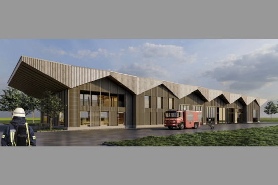 Rendering eines langgestreckten Feuerwehrhauses mit Feuerwehrauto im Vordergrund.