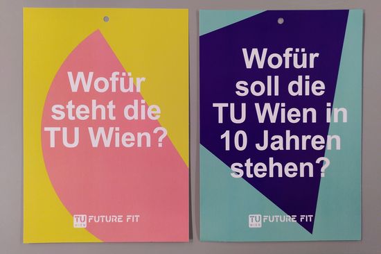 Two postcards, each with one of the two guiding questions of fuTUre fit, are placed on a work surface