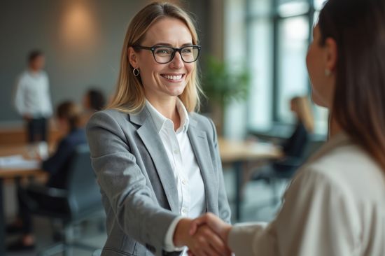 A woman welcomes a new employee to the office.