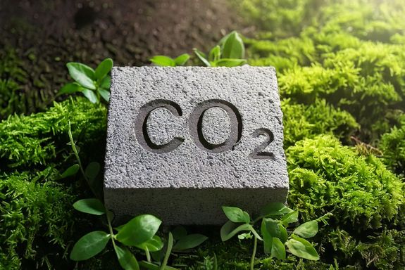 Betonblock mit Aufschrift "CO2", auf grünen Pflanzen