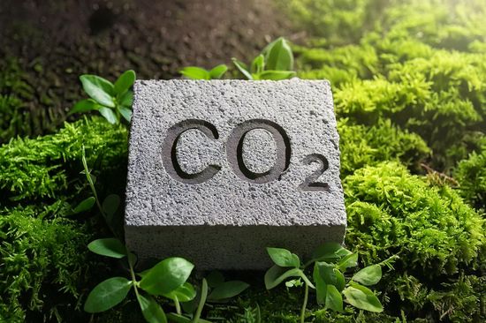 Betonblock mit Aufschrift "CO2", auf grünen Pflanzen