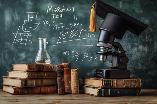 grüne Tafel mit weißer Schrift im Hintergrund, davor auf Tisch Bücher gestapelt, Reagenzglas und Mikroskop mit Doktorhut