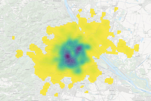 Karte von Wien, das Zentrum ist in andere Farbe markiert.