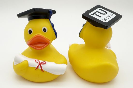 2 Quietscheenten in Gelb, beide tragen einen typischen Absolvent_innen-Hut. Die linke Ente schaut in die Kamera und hält eine Promotionsrolle in Weiß. Die rechte Ente dreht den Rücken zu, sodass man auf dem Hut das TU Wien Logo erkennen kann. 