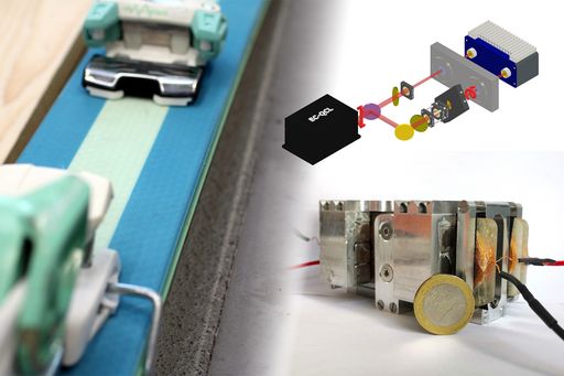 Collage aus mehreren Bildern der Prototypen: Der Betonski, das Magentlager und das Spektroskopieverfahren  