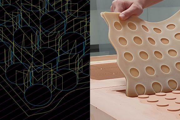 The photos sho\v the fabrication process of one of the wearables developed by the students Eleftheria Biliani and Ilektra Vasilei.