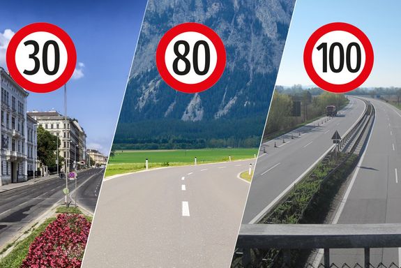 Drei Bilder, eines von städtischem Bereich, eine Landstraße und eine Autobahn