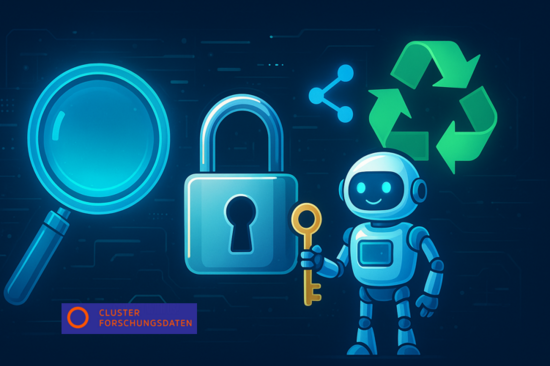 In addition to the Cluster Forschungsdaten logo, the image shows the following graphic representations: magnifying glass, padlock, robot with key in hand, recycling symbol.