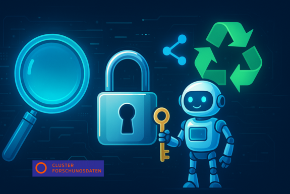In addition to the Cluster Forschungsdaten logo, the image shows the following graphic representations: magnifying glass, padlock, robot with key in hand, recycling symbol.