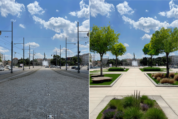 Vorher/nacher-Bild: Blick auf den grau gepflasterten Schwarzenbergplatz mit Blick auf das Kriegerdenkmal. Nachher:  hell gepflasterter Platz mit quadratischen Flächen aus denen Bäume wachsen.