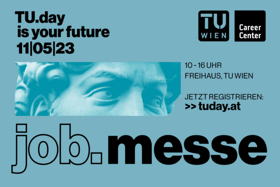 Flyer für die TUday Jobmesse 2023, türkisch mit Bildausschnitt Statue (Augenpartie) sowie Schrift und Logos in schwarz