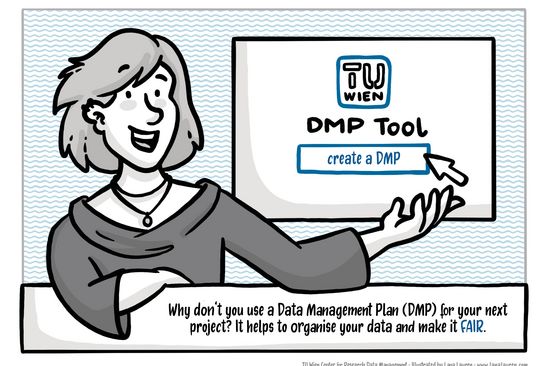 A comic-style drawing showing a woman that promotes the TU Wien DMP Tool.