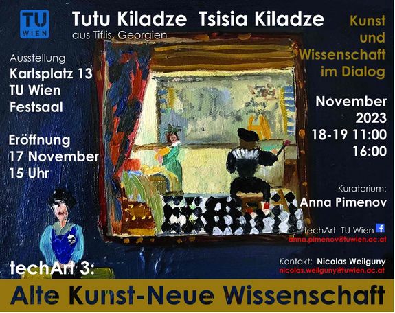 Einladung zur Ausstellung von techArt3, Hintergrund bildet eine Neuinterpretation eines Gemäldes von Jan Vermeer.