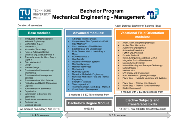 Structure of the Bachelor's Programme Mechanical Engineering - Management. You can find more detailed information in the text below the picture