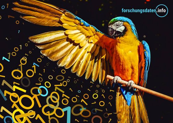 Photo of a parrot with outstretched wing, under the wing zeros and ones, in the upper right corner the logo of forschungsdaten.info