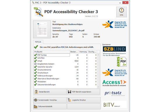 Barrierefreiheits Bericht eines Dokuments aus dem TISS mit dem Tool PDF Accessibility Checker