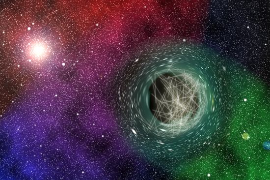 Künstlerische Darstellung eines schwarzen Loches, umgeben von einer Axionen-Wolke.