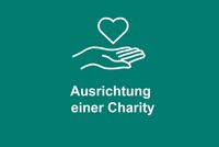 Über geöffneter, gezeichneter Handfläche schwebt ein Herz; darunter steht "Ausrichtung einer Charity"