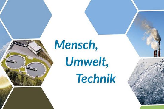 The lettering "Mensch, Umwelt, Technik" surrounded by symbolic images