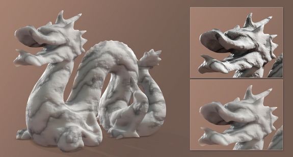 links: die neue Methode; rechts oben: ohne Subsurface Scattering; rechts unten: mit Subsurface Scattering