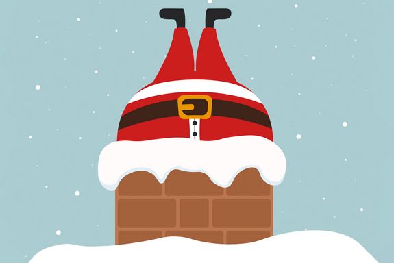Zeichnung eines Weihnachtsmannes, der in einem Kamin feststeckt